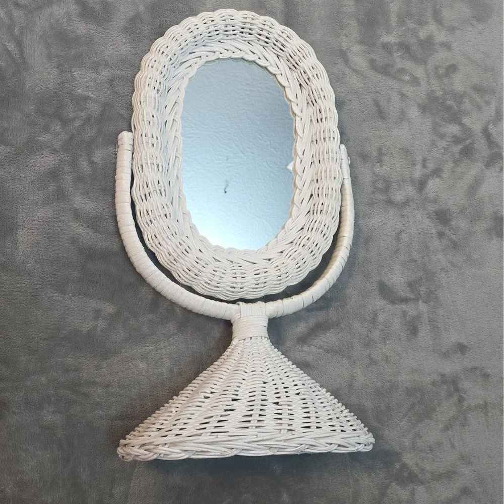 Vintage Wicker Rattan Vanity Mirror Cottage Cabin Chic Make-Up